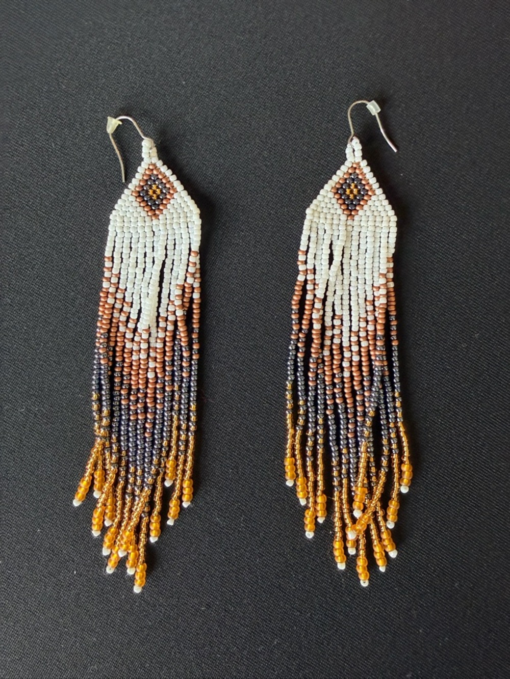 Long Beaded Fringe Earrings, Indian Style, Boho Dangle in White, Copper & Gold